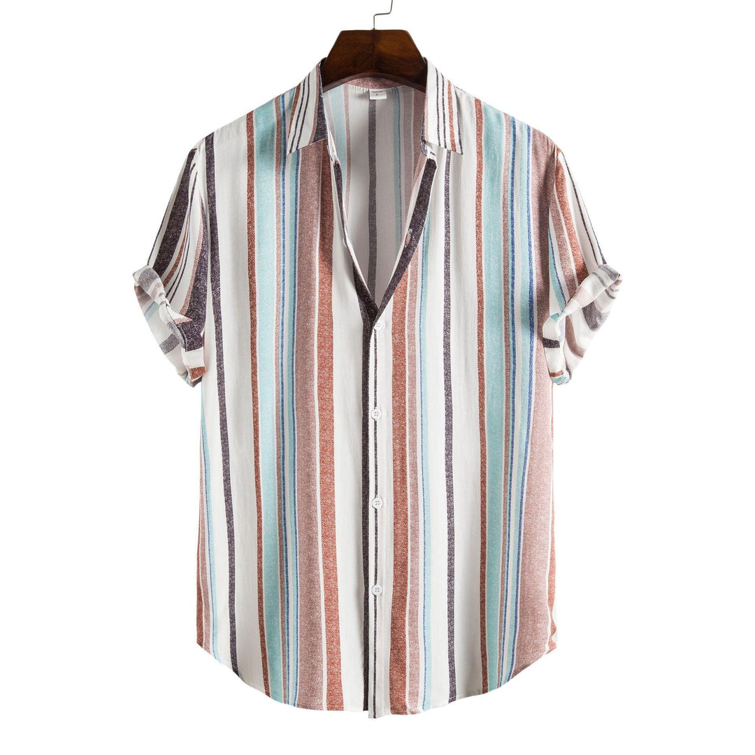Men's short-sleeve casual shirt with vertical multicolor stripes and button-up collar