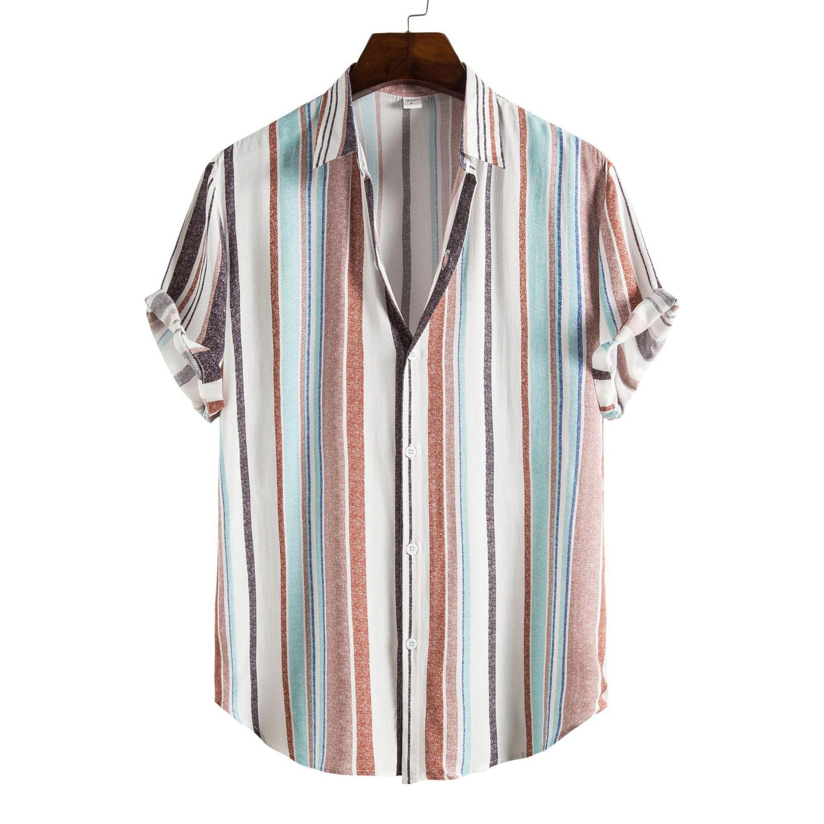 Men's short-sleeve casual shirt with vertical multicolor stripes and button-up collar