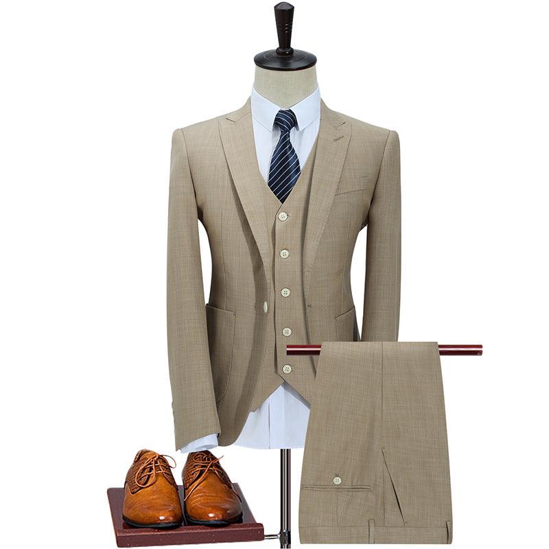 Khaki men’s suit with blazer, vest, and matching trousers on a mannequin