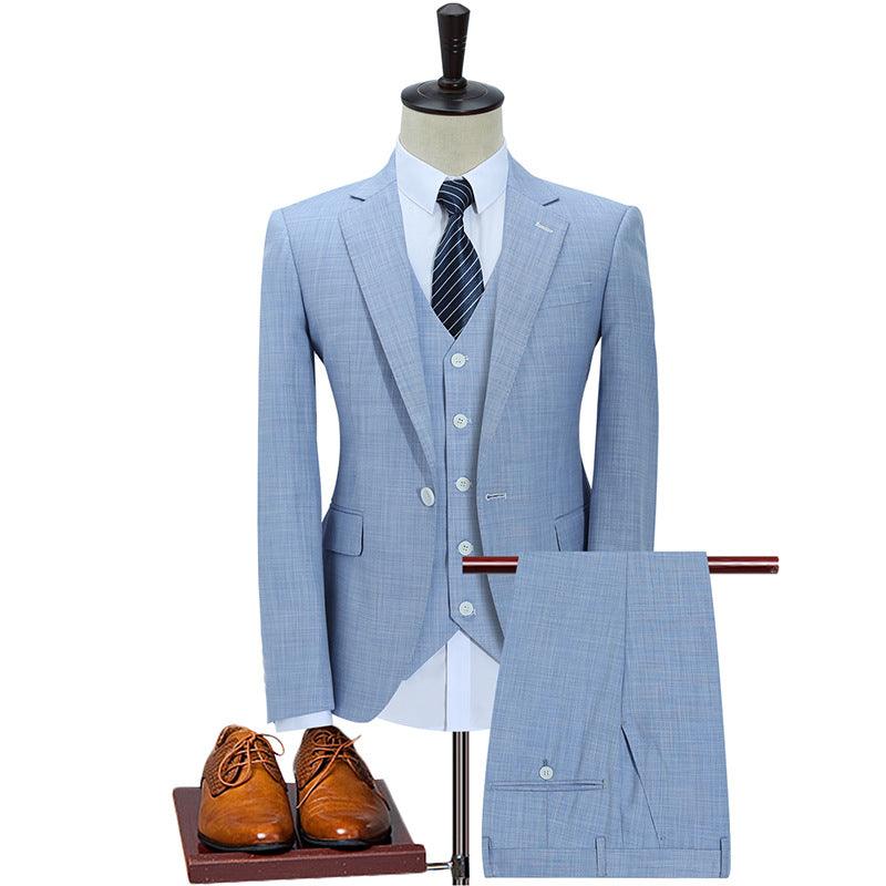 Light blue men’s three-piece suit with blazer, vest, and trousers on a mannequin
