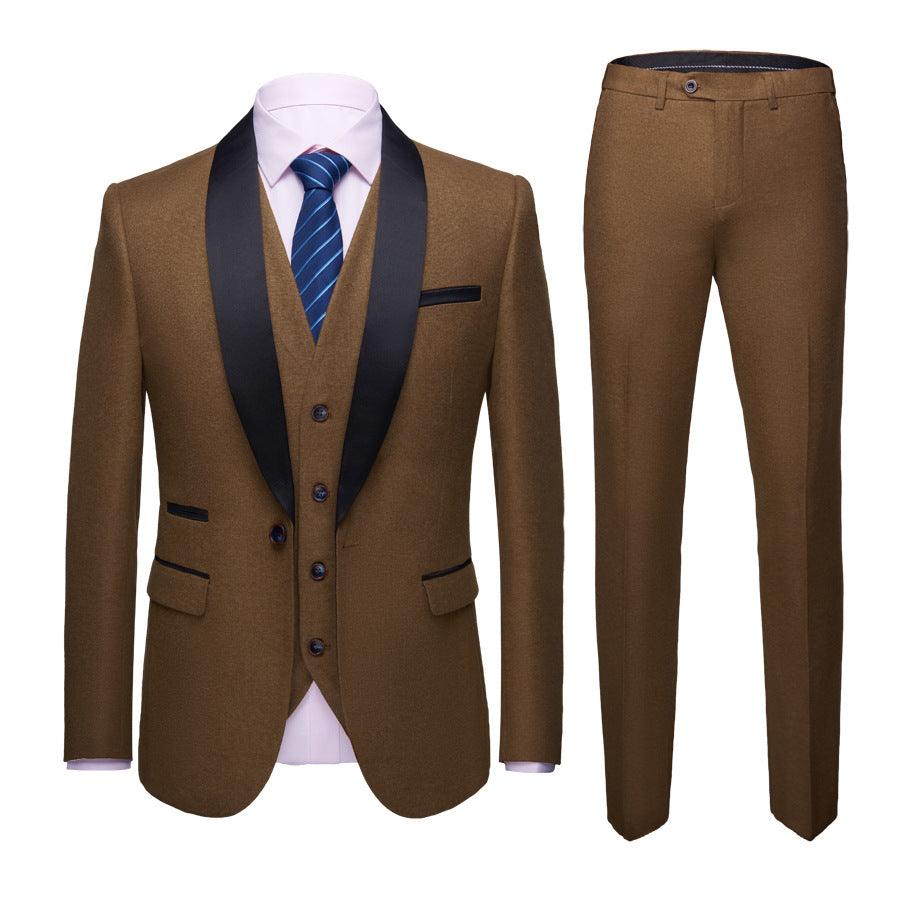 Men's khaki three-piece wedding suit with vest and striped tie, matching trousers