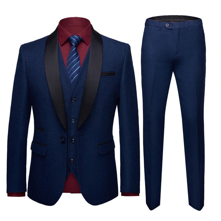 Men's dark blue three-piece wedding suit with vest and striped tie, matching trousers