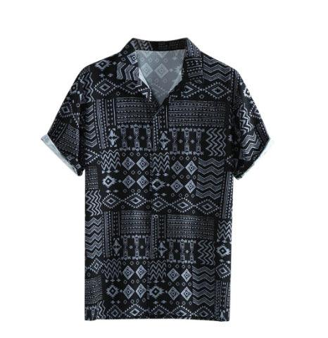 Men's black short-sleeve button-up shirt with geometric aztec-style print and open collar