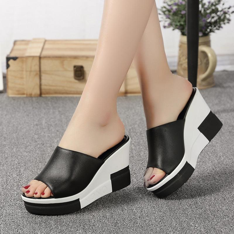 Casual Fish Mouth Oblique Heeled Slippers - WOMONA.COM
