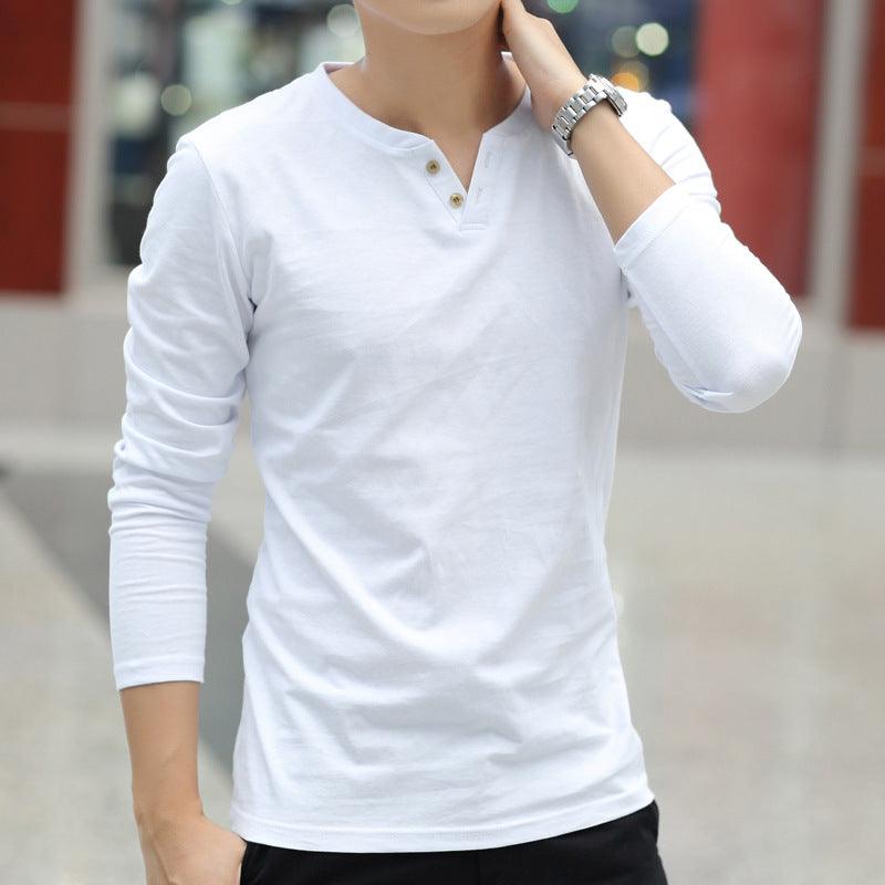 Men's white long-sleeve linen henley T-shirt with buttoned V-neck placket