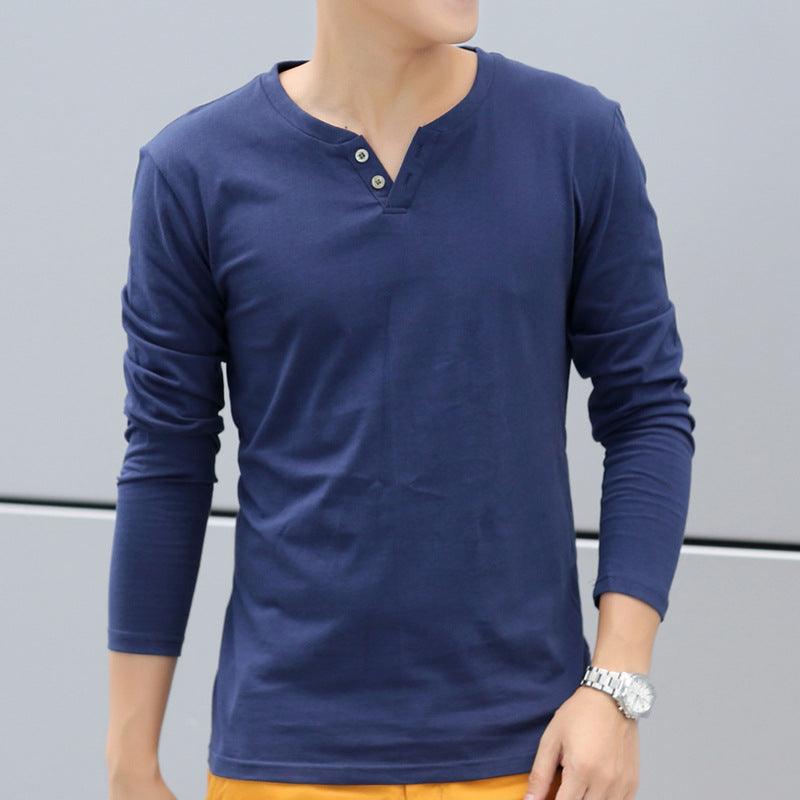 Men's navy blue long-sleeve linen henley T-shirt with buttoned V-neck placket