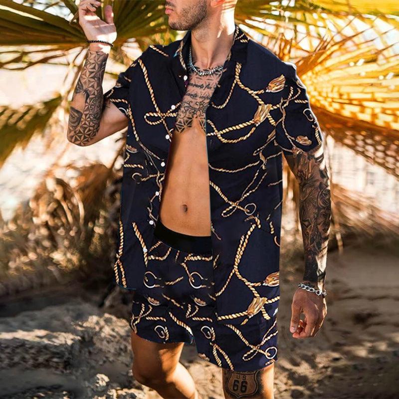 Men's loose button-up shirt in dark navy with gold chain print, short sleeves