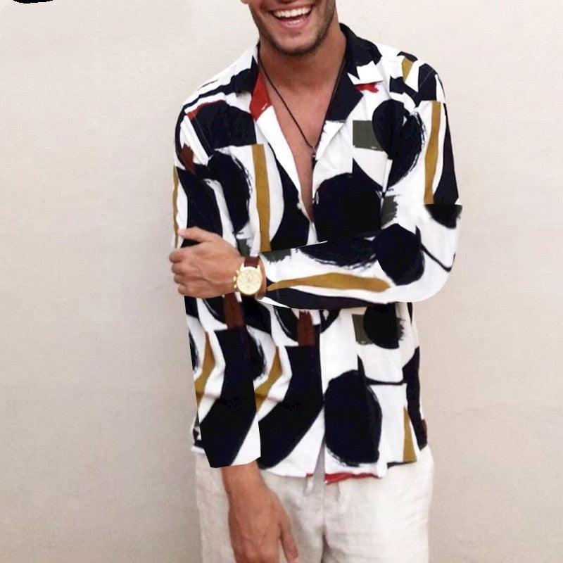 Men’s black-and-white button-up Hawaiian shirt with abstract shapes, spread collar, short sleeves.