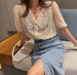 Korean Chiffon Top With Short Sleeves - WOMONA.COM