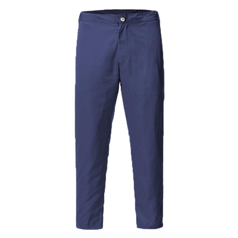 Navy blue casual pants with button waist and straight tapered leg design