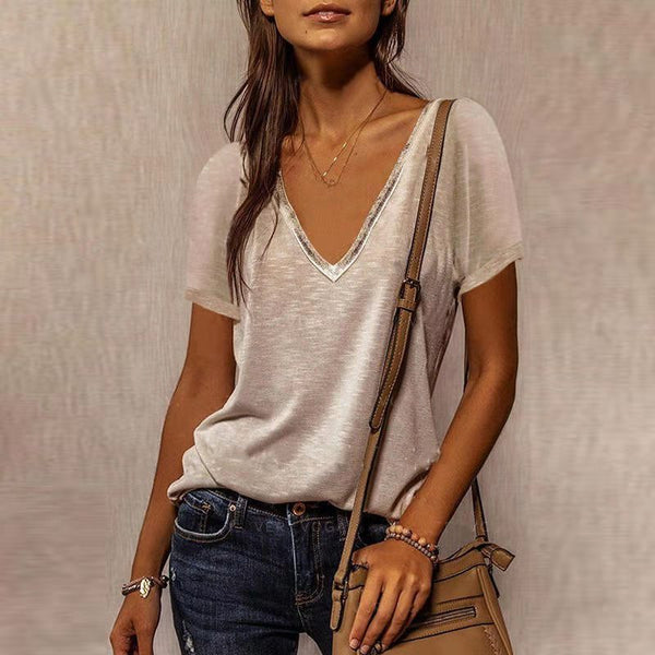 V-neck Short-sleeved T-shirt - WOMONA.COM