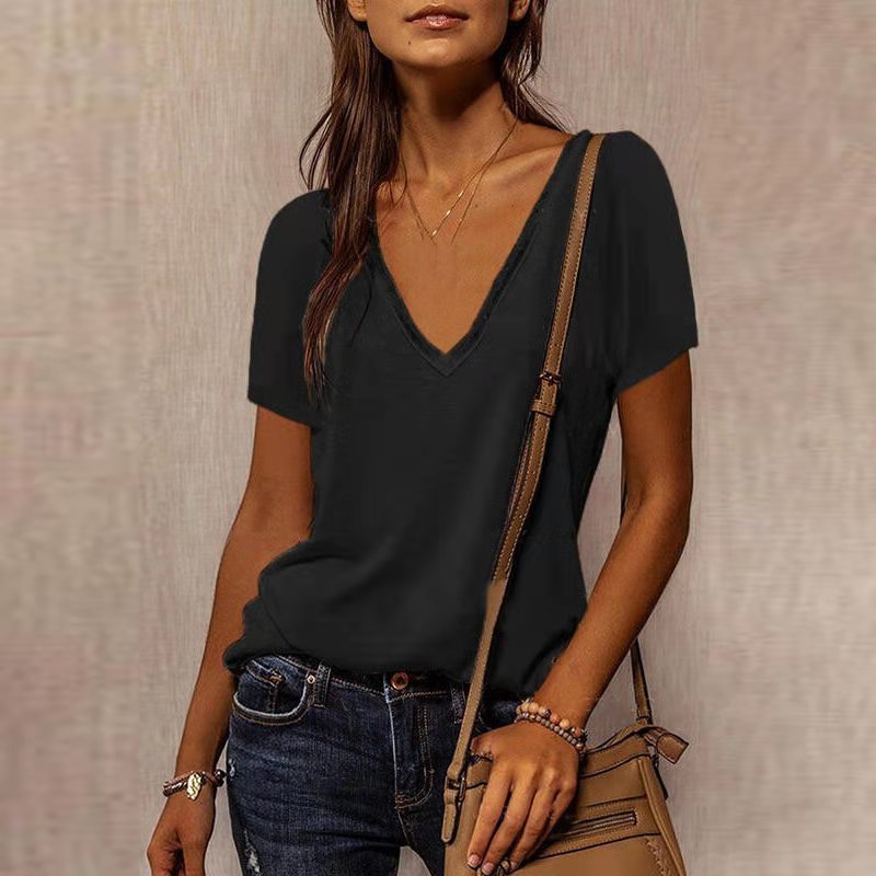 V-neck Short-sleeved T-shirt - WOMONA.COM