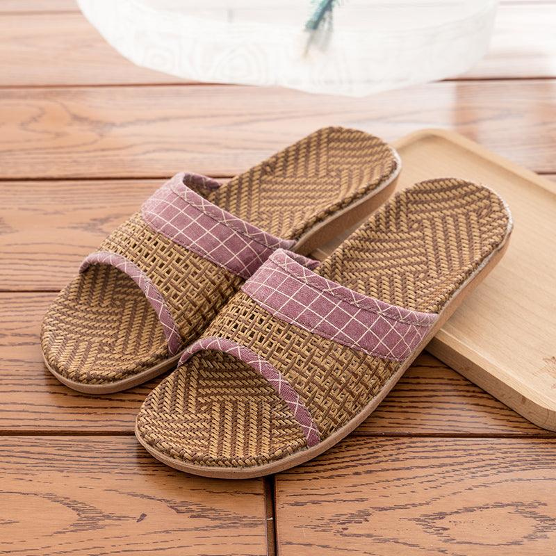 Unisex straw-style indoor flip-flops with purple plaid single strap