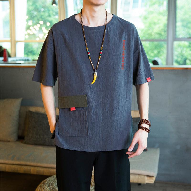 Men's linen crew-neck T-shirt, dark blue, chest patch pocket, short sleeves