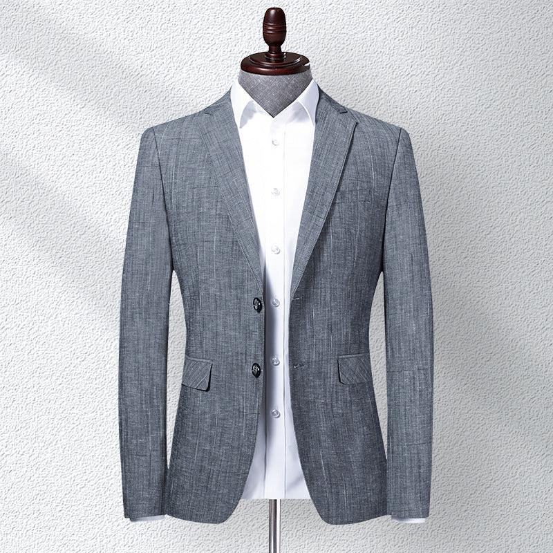 Grey slim suit jacket with notch lapels, front buttons, and two flap pockets