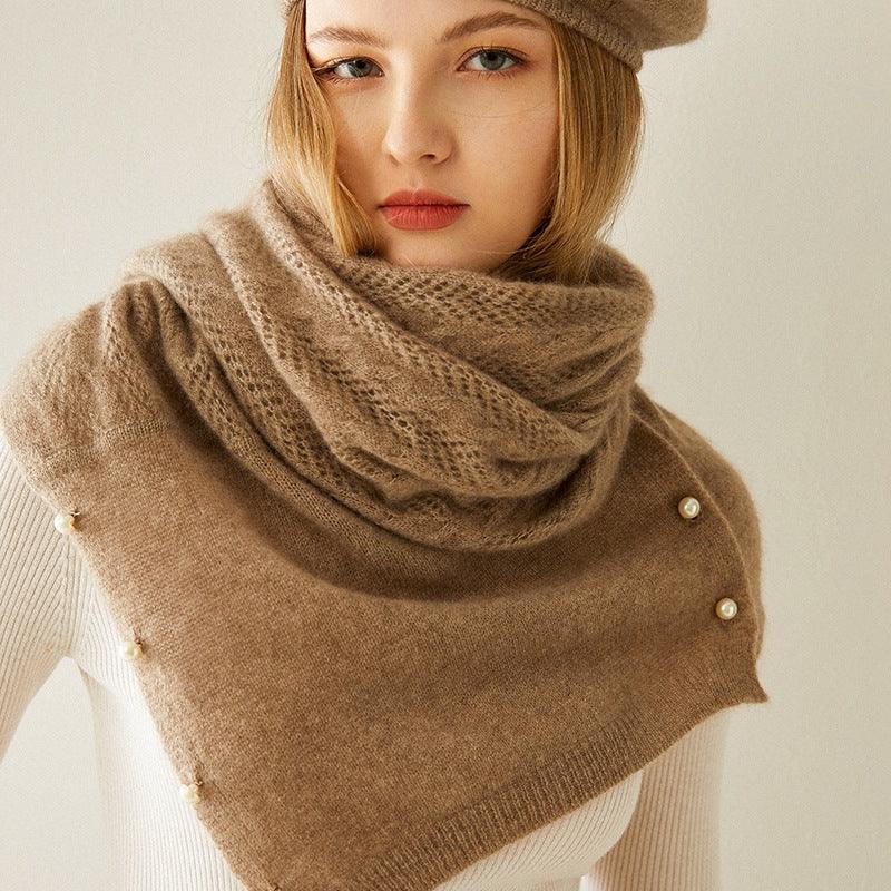 Dark camel cashmere shawl scarf with draped cowl neck and faux pearl buttons