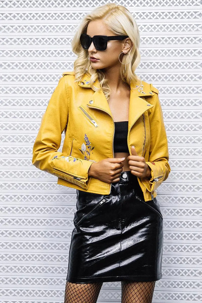 leather zipper lapel jacket - WOMONA.COM