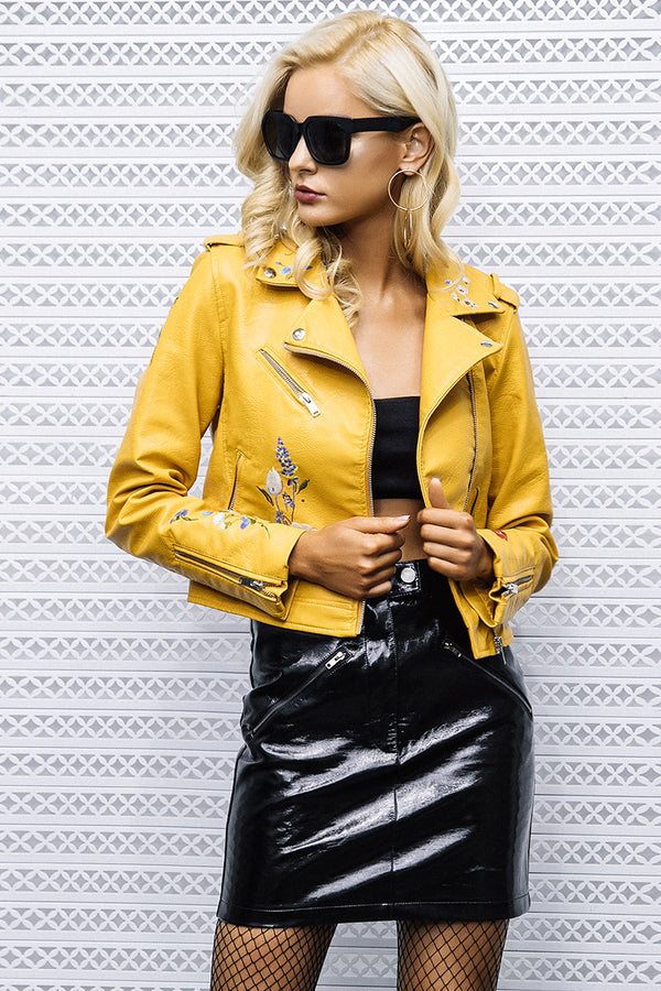 leather zipper lapel  jacket - WOMONA.COM