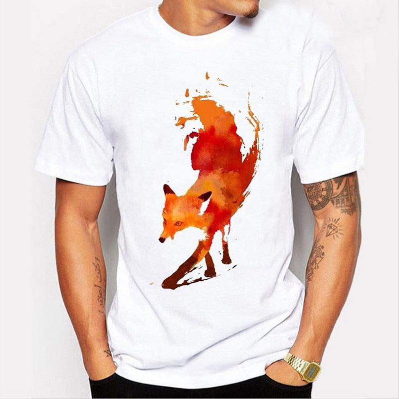 Fox Print Round Neck Short-Sleeved T-Shirt - WOMONA.COM