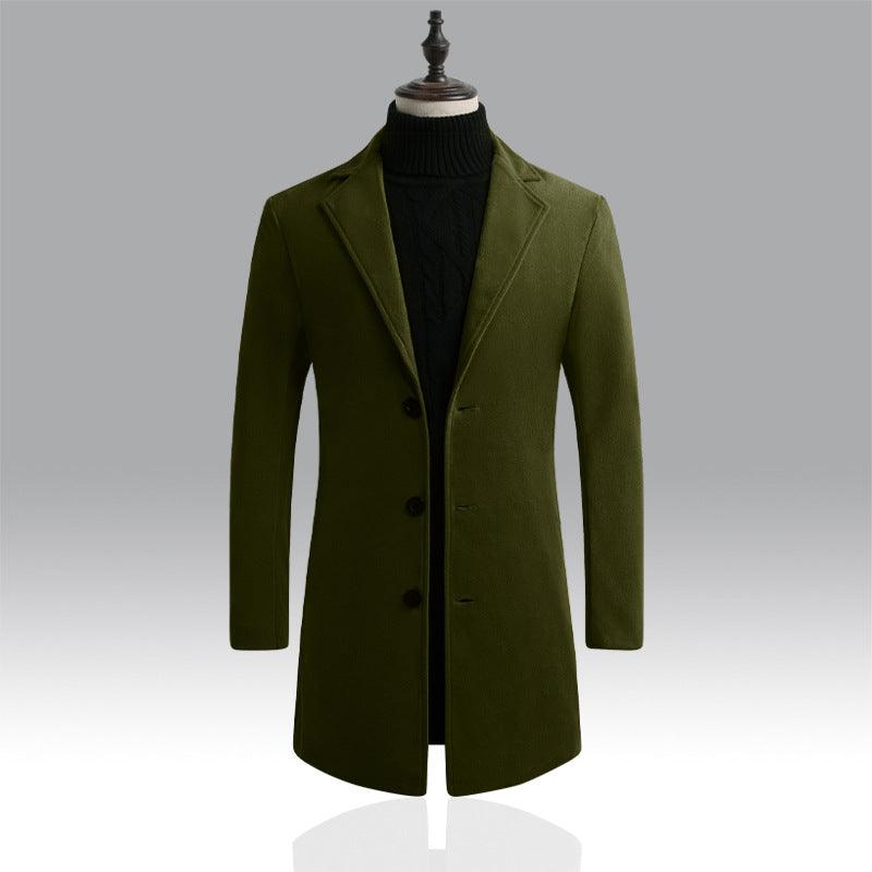 Men's long trench coat in army green, notched lapels, button front.