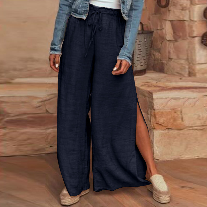 Cotton and linen loose plus size wide leg pants - WOMONA.COM