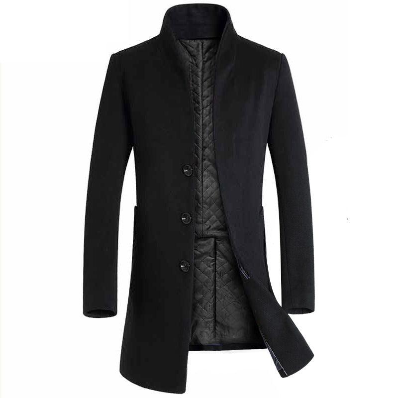 Men's long wool trench coat in black, notched lapels, button front, quilted lining