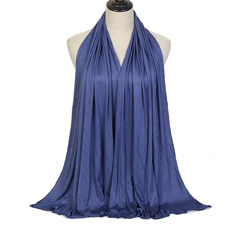 Navy blue ladies mercerized cotton headscarf with pleated drape and soft fringe hem