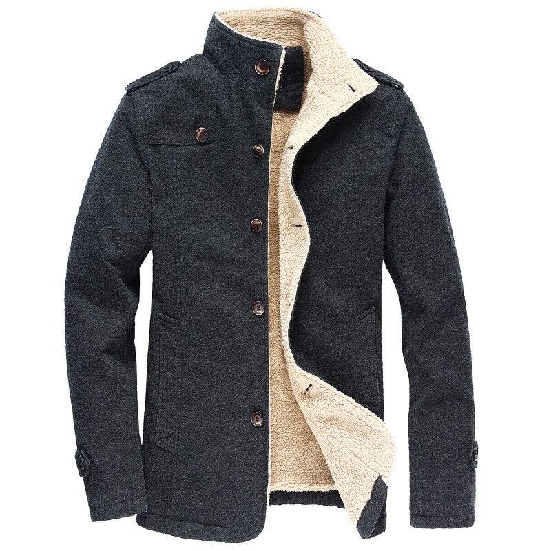 Men's medium fleece coat in dark gray/black with sherpa-lined stand collar and snap buttons