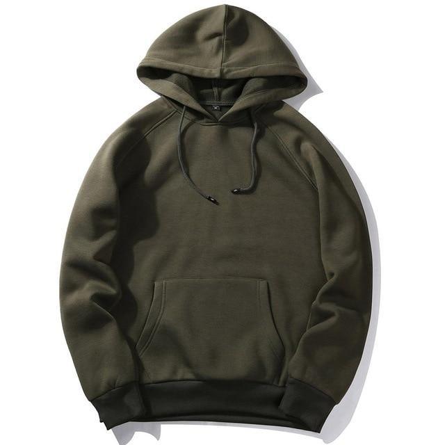 Army green hoodie with pullover hood and front kangaroo pocket, drawstring cords.