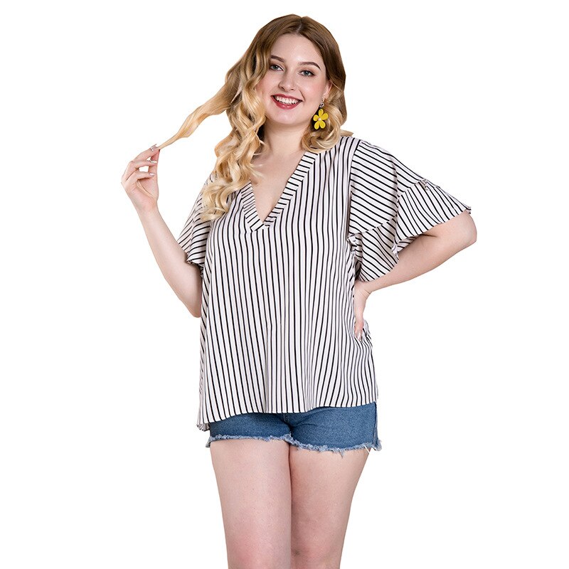 Plus size women's striped top T-shirt - WOMONA.COM