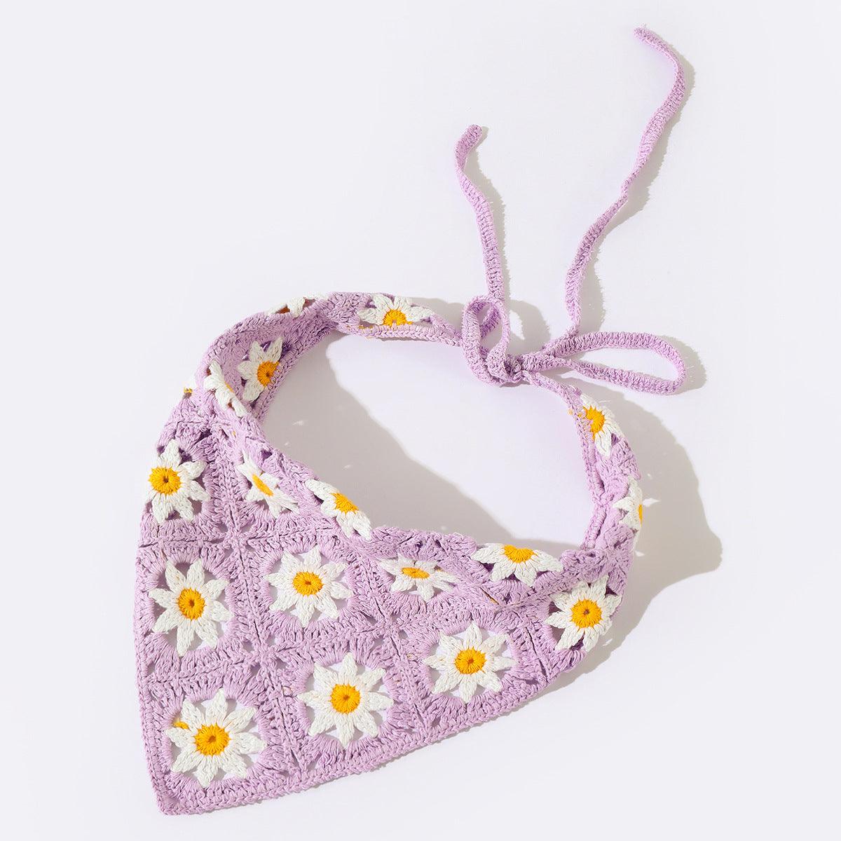 Lavender triangle hair scarf with white daisy flowers and ribbon ties