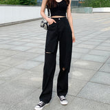 Black Wide Leg Ripped Summer Jeans - WOMONA.COM