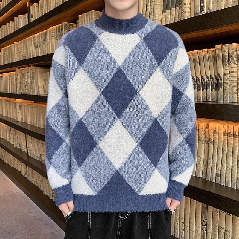 Men's half-turtleneck sweater in blue and white argyle diamond knit pattern