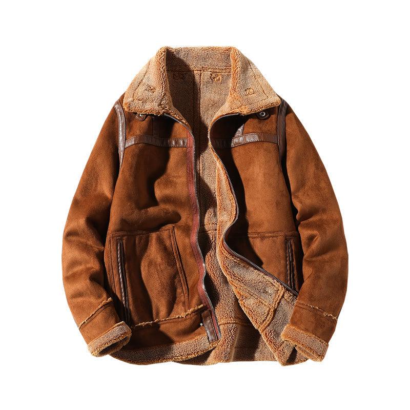 Fur-lined men's jacket, brown suede-look with shearling collar and zip front