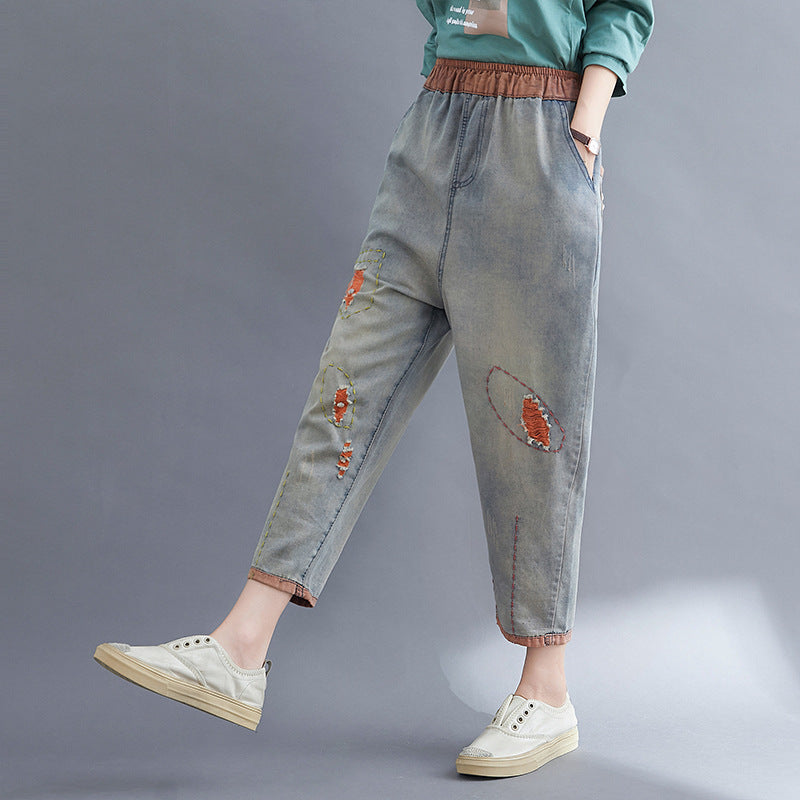 Contrasting Hole Denim Harem Pants Women - WOMONA.COM