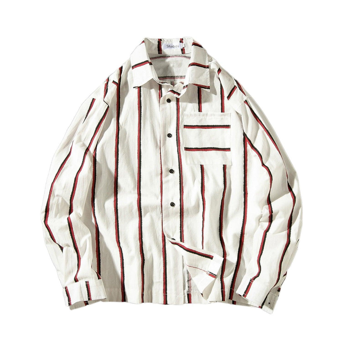 Men's loose striped button-up shirt, white with vertical red stripes and front patch pockets