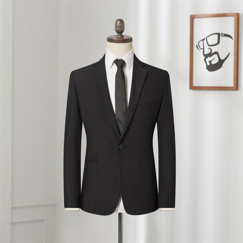 Black men's business suit jacket with notch lapels and matching trousers