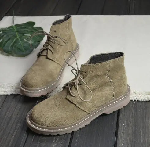 Khaki suede lace-up ankle boots, side view with stitched panels and rubber sole