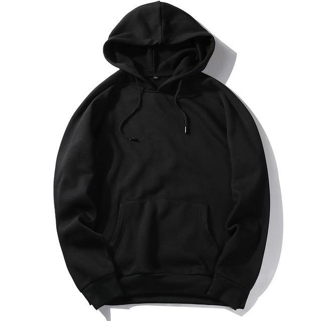 Black hoodie with pullover hood and front kangaroo pocket, drawstring cords.