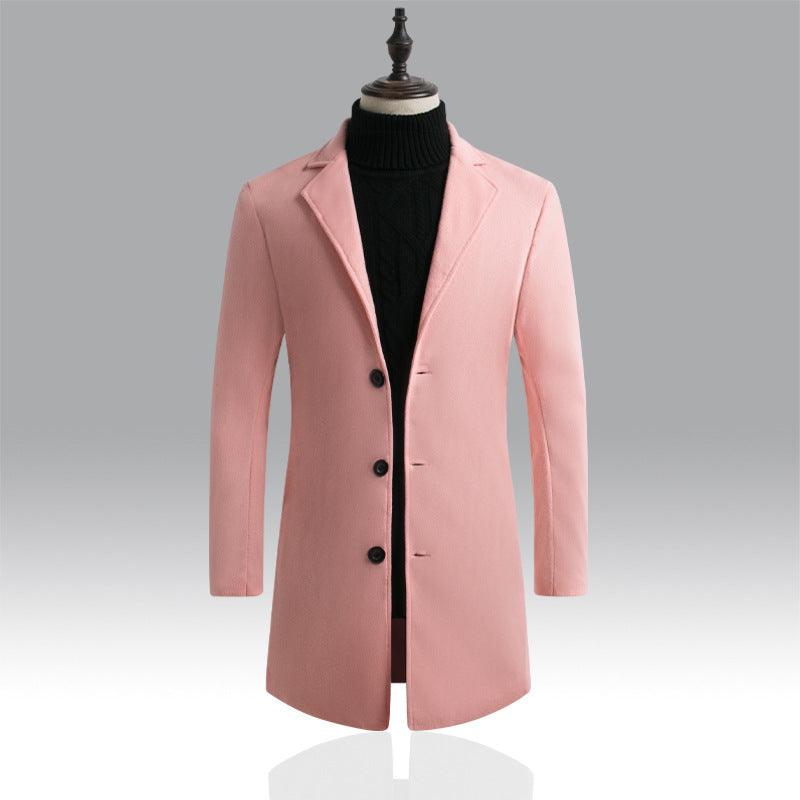 Men's long trench coat in light pink, notched lapels, button front.