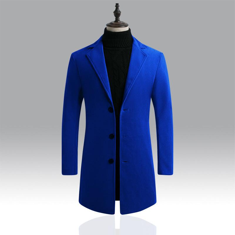 Men's long trench coat in royal blue, notched lapels, button front.
