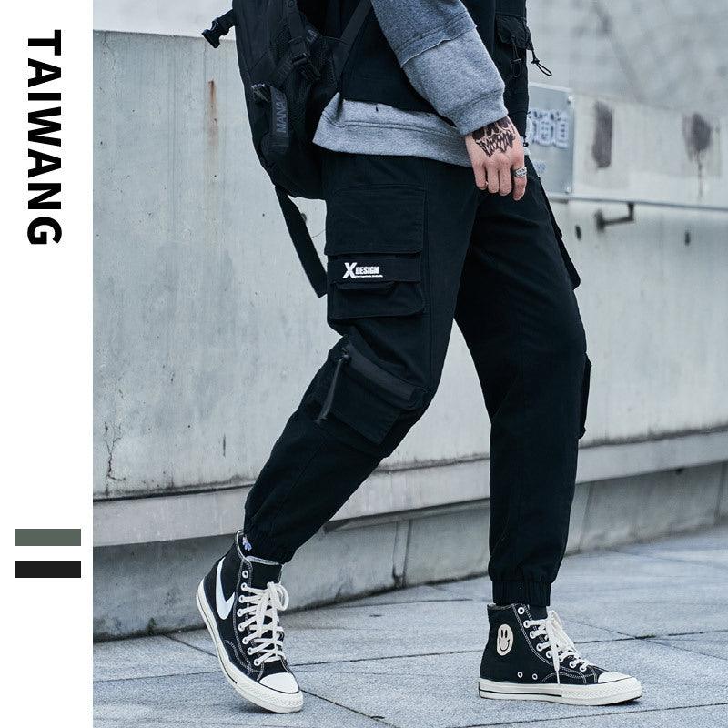 Men's winter cargo trousers, black, with flap cargo pockets and ankle cuffs