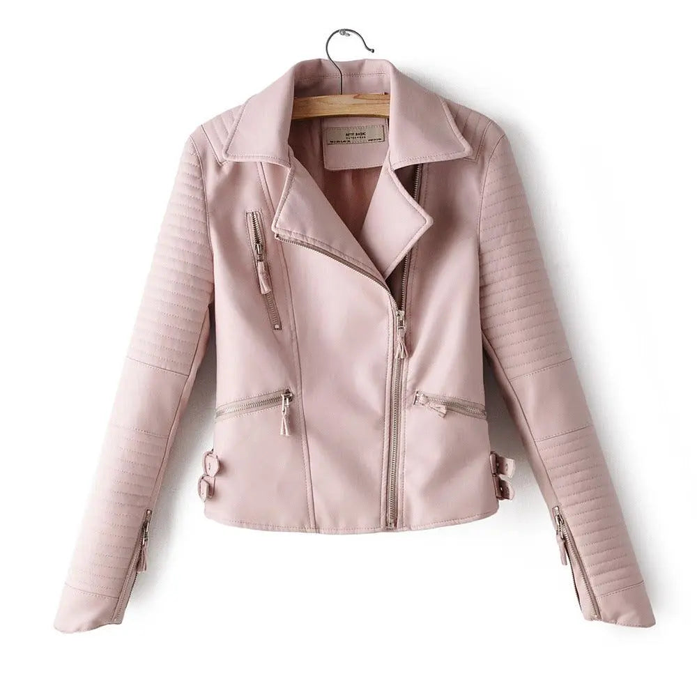 Light pink leather biker jacket with stand collar, front zipper, and quilted sleeves