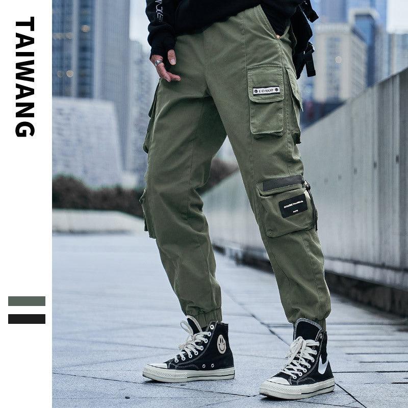 Men's winter cargo trousers, army green, cargo side pockets and adjustable ankle cuffs
