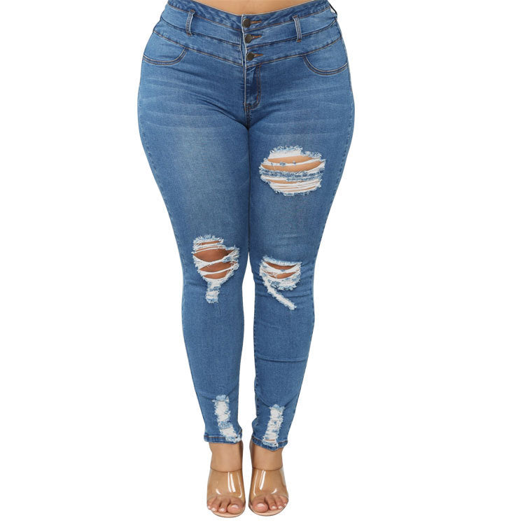 High waist ripped large size fat jeans - WOMONA.COM