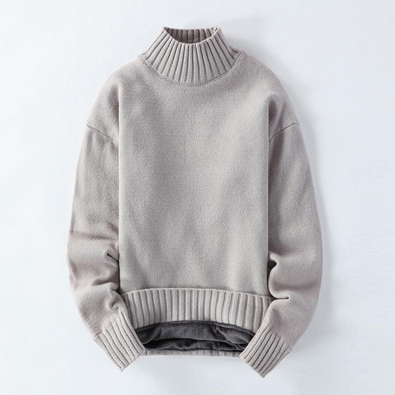 Men's high-neck sweater in light grey, ribbed collar and hem, long sleeves