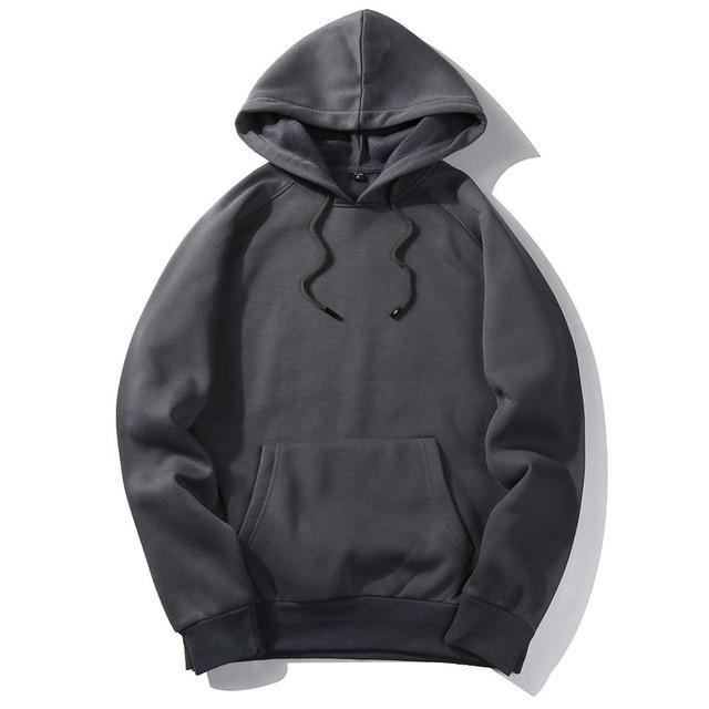 Dark gray pullover hoodie with drawstring hood and front kangaroo pocket.