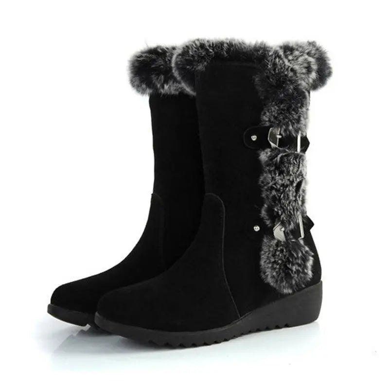 Black mid-calf suede boots with fuzzy faux-fur top trim, side buckle details