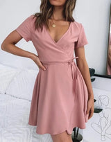 pink V-neck short sleeve dress - WOMONA.COM