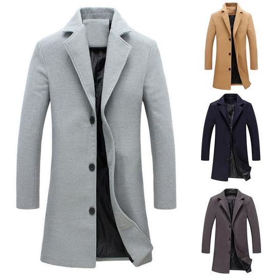 Grey single-breasted trench-style coat with notched lapels and four front buttons